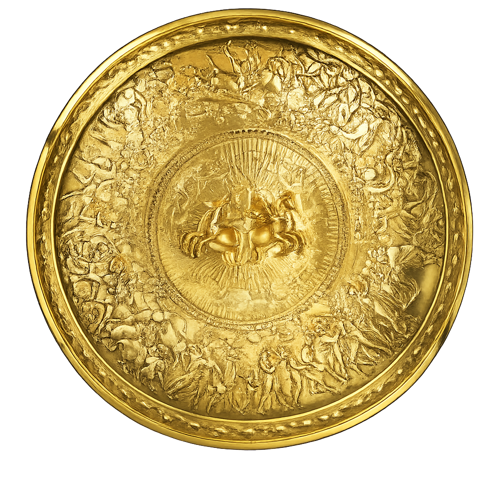 Goldener Schild mit reliefiertem Figurenfries, der Schild des Achilles